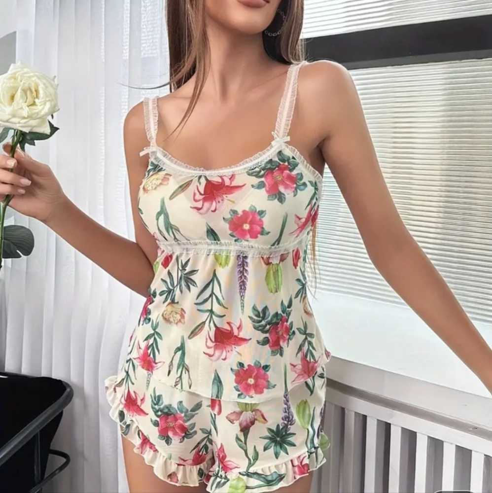 Women Pajamas,Colorful,Print lace trim pj set.
